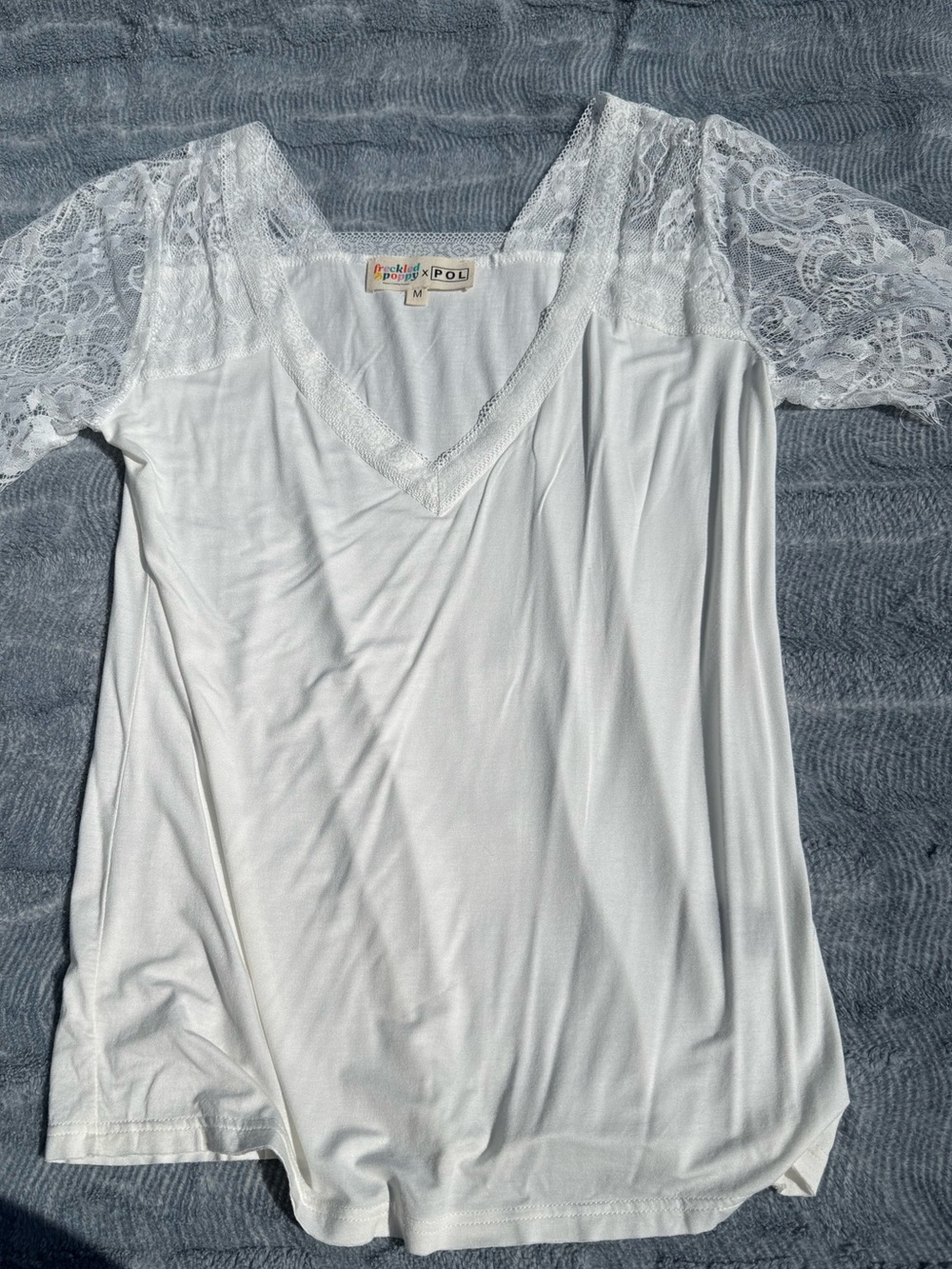 White Lace Sleeve V-Neck Top - Soft Knit
